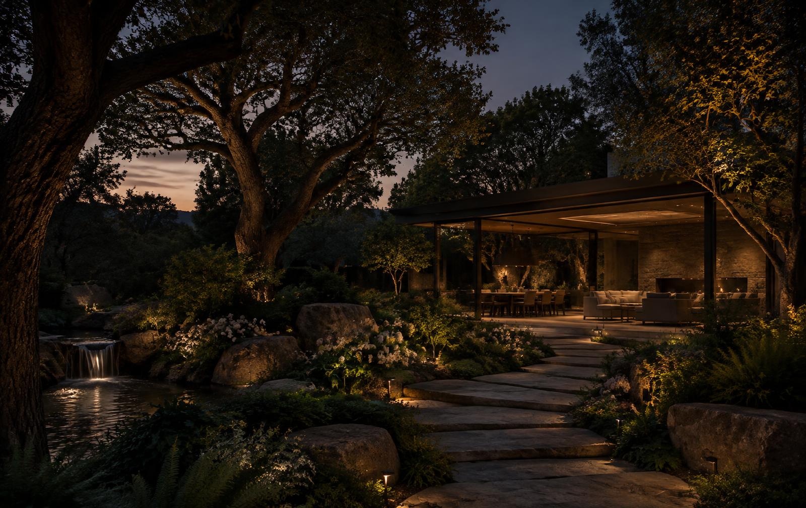 Illuminated garden pavilion at dusk