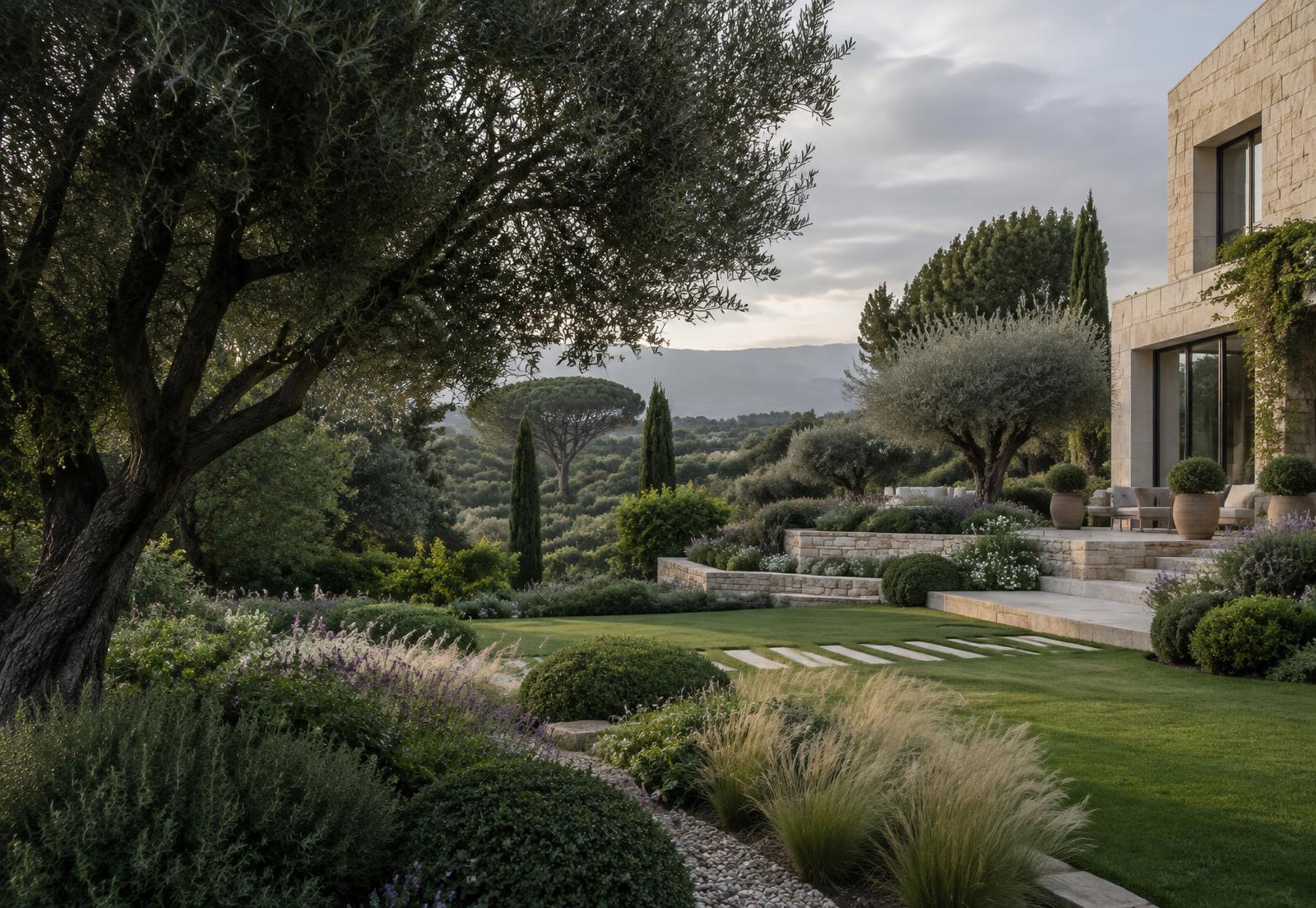 Architectural garden with mature trees, natural stone and a modern villa